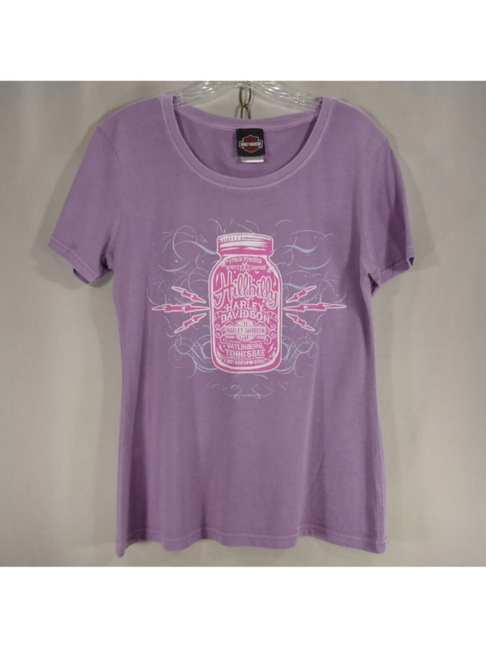 Harley Davidson Womens L Lt Purple Moonshine Jar T-Shirt Hillbilly Gatlinburg TN